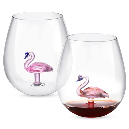 2 bicchieri da vino fenicottero senza gambo, 500 ml, bicchieri da cocktail in cristallo, senza manico, con fenicottero 3D all'interno, bicchieri trasparenti per donne, uomini, matrimoni, bar, San