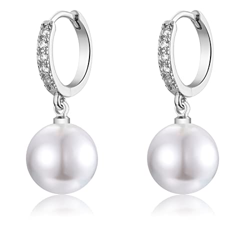 EPIRORA Sterling Silver Simulated Shell Pearl Hoop Earrings Cubic Zirconia Dangle Drop Earrings Jewelry for Women 10mm, Silver/Gold