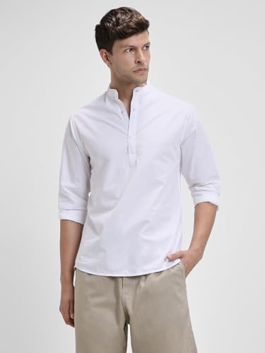 Image of Dennis Lingo Men's Cotton Solid Slim Fit Mandarin Collar Full Sleeves Casual Shirt