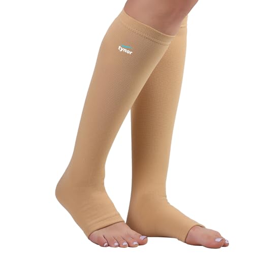 TYNOR Compression Stockings for Men & Women 2 Pack Knee High Length Closed Heel Open Toe Compression Socks Circulation Leg Support for Shin Splints, Swelling, Athletic Running Cycling, Beige