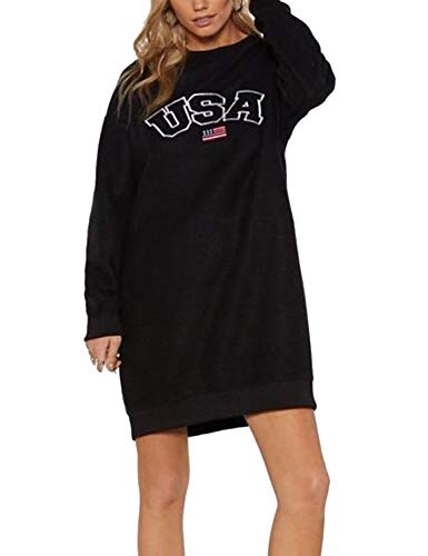Blooming Jelly Womens USA Sweatshirt Dress Crew Neck Long Sleeve Shirt Casual Terry Embroidered Top (Large, Black)