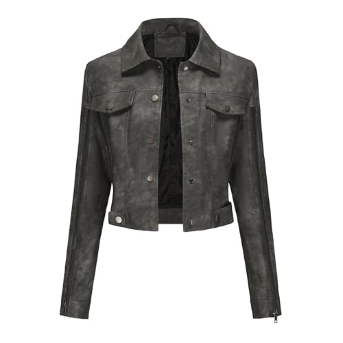 JEKE-DG Women's Fashion Moto Biker Short Coat Lapel Button Down Casual Coat Jacket Slim Fit Solid Faux Leather Coats3