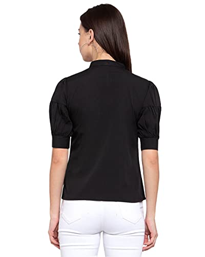 Image of Style Quotient Womens Black Solid Puff Sleeves Regular Top