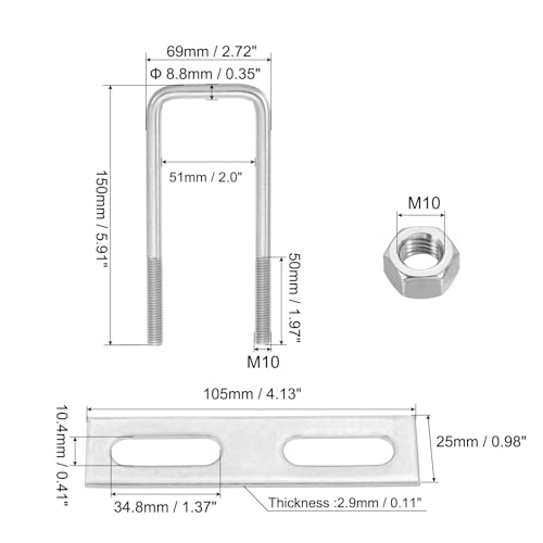 Image of PATIKIL M10x50x150mm Square U-Bolts Kit, 2Set 304 Stainless Steel Square U Shaped Bolts Replacement Parts with Frame Plates and Nuts for Ski Board Sailboat Trailer