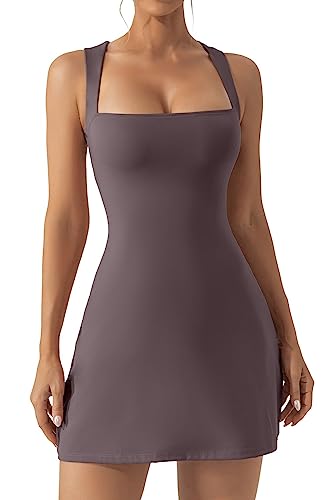 QINSEN Women's Square Neck Bodice Dress Sleeveless Tank Top Stretch Flare Mini Dresses