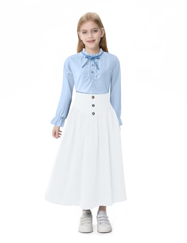 Image of Girl Maxi Skirt Elastic High Waist A-Line Long Skirt Smocked Waistband with Drawstring and Pockets 3-12 Years