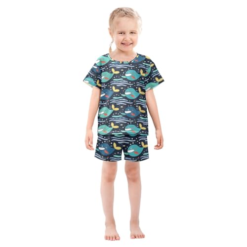 ALAZA Whale Bubble Wave Pajamas Set Short Sleeve Cotton Sleepwear Summer Pjs 2 Piece 5-14Y3