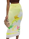 Avanova Women Floral Print Pencil Midi Skirt High Waisted Tight Bodycon Skirts Yellow B Small