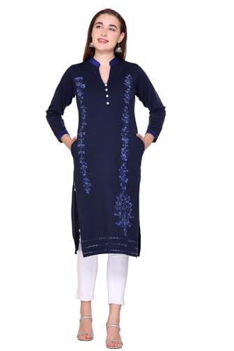 Image of Rosary Women's Winter Woolen Kurti Embroidered Straight Fit Ethnic Wear with 2 Side Pockets
