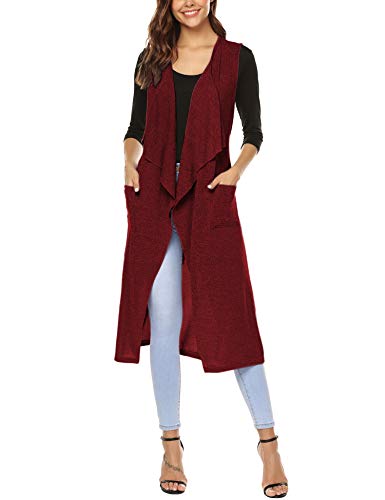 URRU Women's Long Open Front Cardigan Vest with Pockets and Belt Wine Red L