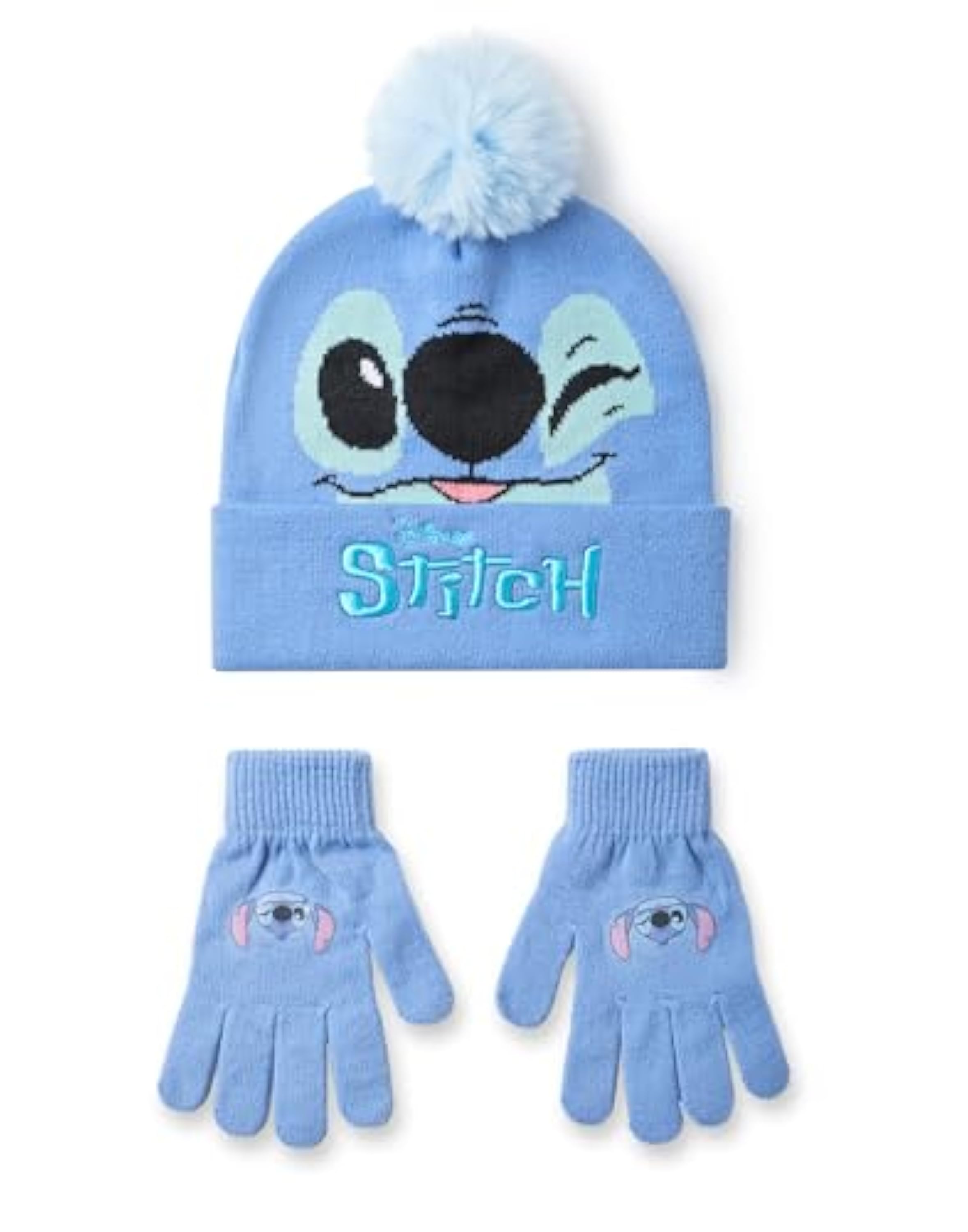 Disney Conjunto de Gorro y Guantes Lilo & Stitch para niñas | Gorro de Invierno de Punto Azul con Cara de Personaje de Puntada | Gorro con pompón de Talla única para niños con Guantes