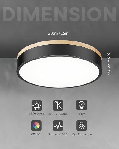 Image of Ken & Ricky 12 inch Modern Flush Mount Ceiling Light,Light Wood and Black,2PK