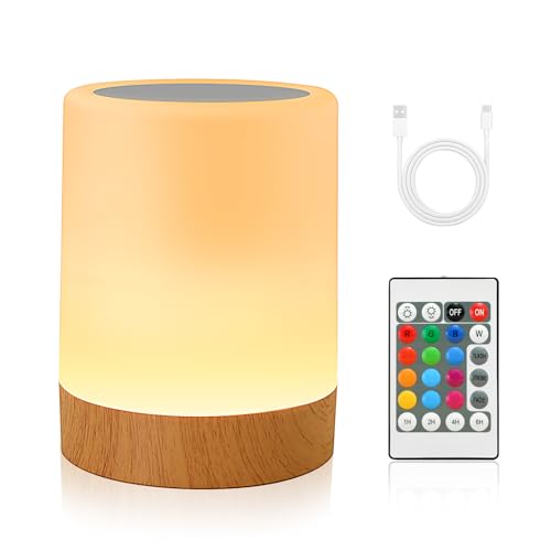 VKH Night Light, 256 RGB Colour LED Touch Bedside Table Lamp with Remote Control Dimmable Light, 5 Brightness Levels, Timer, Hook, USB Rechargeable, Portable Lamp for Bedroom, Living Room, Outdoor Use