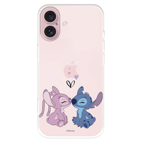 Funda Compatible con iPhone 16 Oficial de Disney Angel & Stitch Beso para Proteger tu móvil. Carcasa de Silicona Transparente Flexible con Licencia Oficial de Lilo & Stitch