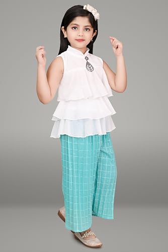 Image of Chiffon Self Design Printed Dress & Capri Set For Girls