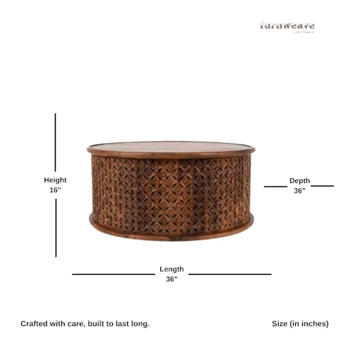 Image of Wooden Coffee Table for Living Room | Handcrafted Solid Wood Round Center Table with Carved Jaali Design | Coffee Table for Home Decor | Tea Table for Bedroom & Office (Honey)