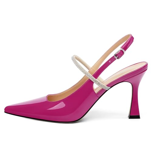 Women's Slingback Kitten Heels, Closed Pointed Toe Patent Leather Stiletto High Heel Pumps Crystal Ankle Strap Heels Party Wedding Dating Dress Shoes 3.35 Inch2