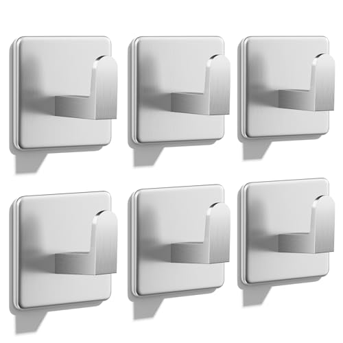 Auxmir 6 Piezas Ganchos Adhesivos para Pared Acero Inoxidable Colgador Toallas sin Taladro, Toalleros Autoadhesivo Extrafuerte para Baño Cocina Albornoz Trapos, Plata