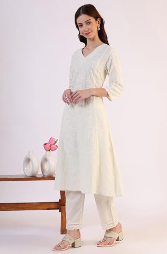 Image of W for Woman Embroidered Lace Cotton Blend Straight Kurta & Straight pant Set