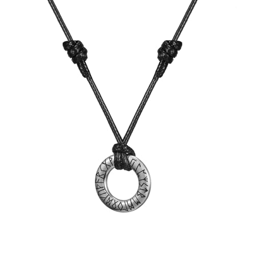 AFSTALR Collier Viking Runique Homme Nordique Viking Runes Acier Inoxydable Anneau Cercle Talisman Argent avec Chaîne Cuir Noir Collier Homme Cadeau Bijoux Longueur...