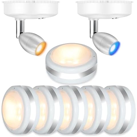 6 Pack Puck Lights with Remote, Led Under Cabinet Lighting and 2 Pack LED Wireless Spotlight Battery Powered Cover