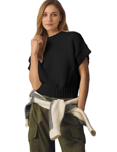 Image of Womens Mock Neck Cap Sleeve Sweater Vest Casual Solid Cropped Tank Tops Pullover Sweaters