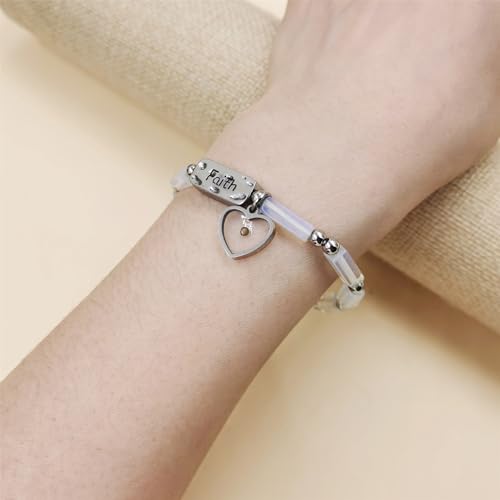 Image of Elastic Faith Bracelet for Women, Adjustable 7 inch Natural Stone Bracelet with Heart Mustard Seed Charm, Spiritual Christian Jewelry for Baptism, Graduation, Religious Celebration YA4856