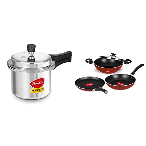 Image of Pigeon by Stovekraft Favourite Outer Lid Non Induction Aluminium Pressure Cooker, 3 litres, Silver + Basics Induction Base Non-Stick Aluminium Cookware Set, Terracotta Brown