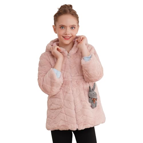 JanJean Toddler Girls Faux Fur Fleece Hooded Jacket Winter Thick Warm Zip-up Coat Outwear Full Winter with Rabbit Doll3