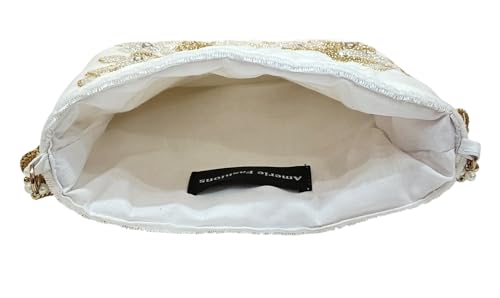 Image of Velvet Potli Bag with Golden & Silver Beaded Flower Embroidery - Handcrafted Ethnic Drawstring Bag for Weddings, Parties & Festive Gifts - Beaded Handle & Tassels for Women