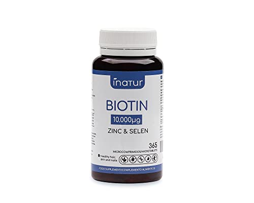 Biotina 10.000 mcg con Zinc y Selenio - 365 comprimidos | Inatur | Suministro 1 año | Salud del pelo, uñas y piel | Vegana | Sin Lactosa | Sin Aditivos Cover