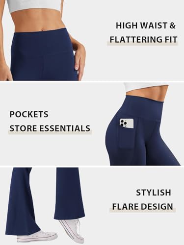 Glacspyg Damen Hose mit Taschen Yogahose Freizeit Jogginghose High Waist Sporthose Elastische Weite Bootcut Jazzpants Marineblau M