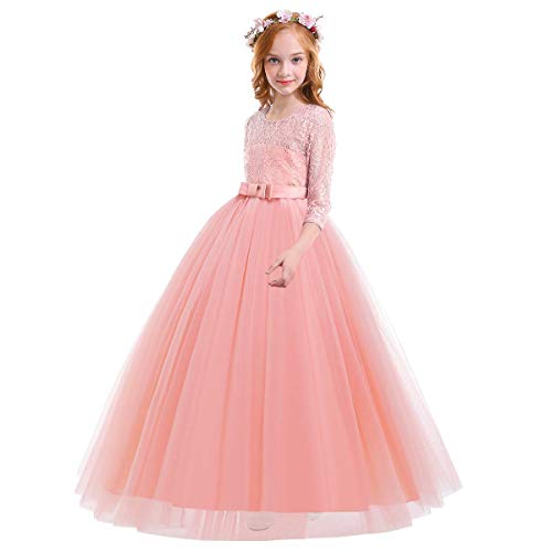 Image of Girls Flower Vintage Floral Lace 3 /4 Sleeves Floor Length Dress Wedding Party Evening Formal Pegeant Dance Gown