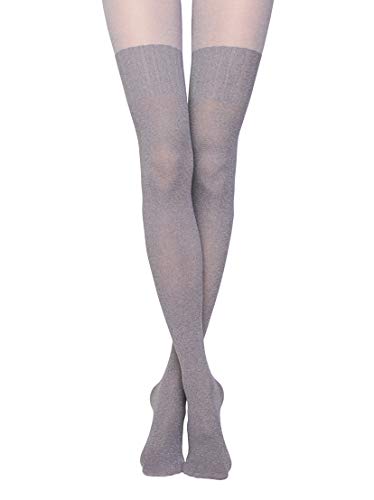 Image of Conte Women's Black (Nero) Opaque Pantyhose Tights with Stockings Imitation Pattern and Sheer Top Erica