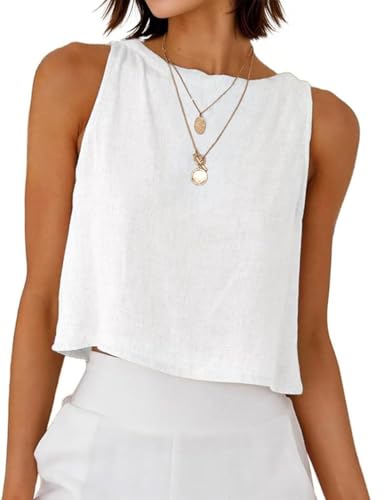 Mywinway Linen Tank Tops for Women Cotton Summer Sleeveless Cropped Casual Fashion Cute Tops