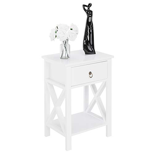 Image of Bonnlo White Nightstand, Small Nightstand with Drawer & Shelf, Farmhouse Night Stand Bedroom, End Table /Bedside Table /White Side Table w /Rustic Handle for Small Spaces, Dorm, Kids Room, Living Room