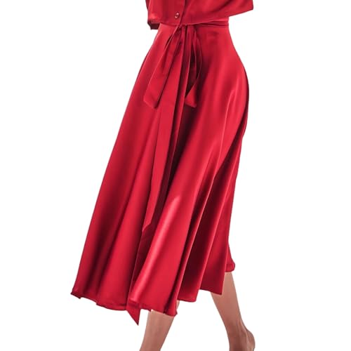 Women's Stain Skirt Wrap A Line High Waist Silk Flowy Skirts Flared Casual Beach Adjustable