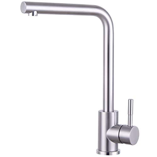 Woen-Flow Grifo de cocina, giratorio 360°, grifo mezclador de cocina, forma de L, grifo de cocina con caño alto, grifo de fregadero con conexión G3/8, acero inoxidable cepillado Cover