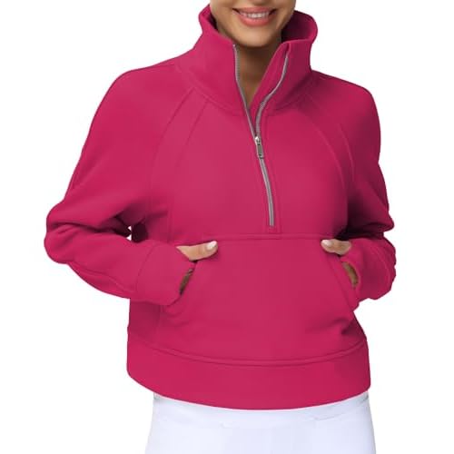 THE GYM PEOPLE Womens' Half Zip Pullover Fleece Stand Collar Crop Sweatshirt with Pockets Thumb Hole Pitaya Red Large