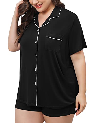 SWOMOG Women's Plus Size Pajamas Set Button Down Tops Short Sleeve Sleepwear Soft Pajama Shorts 2 Pcs Lounge Sets With Pocket4