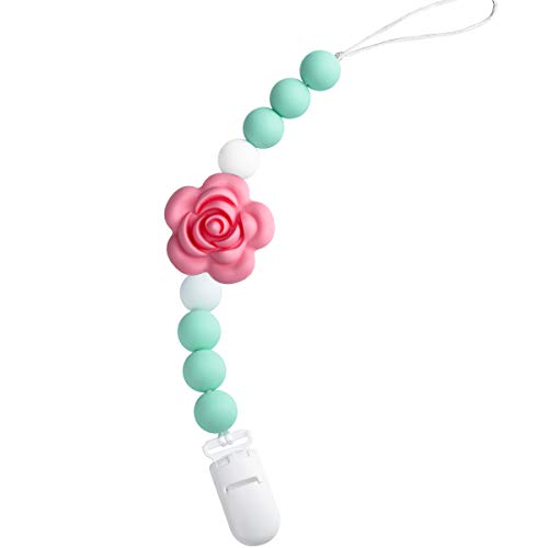 Pacifier Clip Holder Baby Teether,2 in 1 Universal Soother Holder Adapter, Teething Beads Soothie Holder for Girls Boys,Infant Shower Toy,Chewable Silicone Rose (White,Green,Pink Roses)
