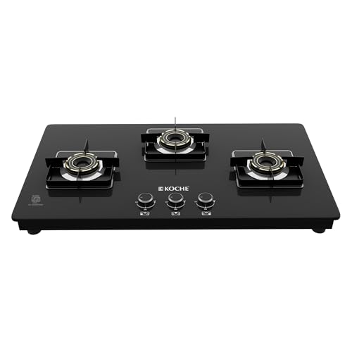 Image of KOCHE Ivan Hobtop 3 Burner gas stove | Multi-Pin Flame Designer Brass Burners, Auto Ignition, Premium Toughened Glass, High Thermal Efficiency, Ergonomic Control Metal Knobs | 7-Year Warranty