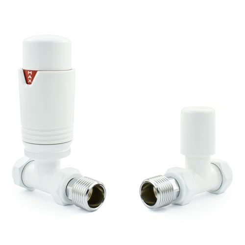 Hot Flow All-White Estuary Straight TRV Thermostatic Radiator Valve (Pair) Includes Straight TRV Body, Wheel Head & Lock Shield for Quick & Easy Temperature Control. Perfect for Energy Saving.