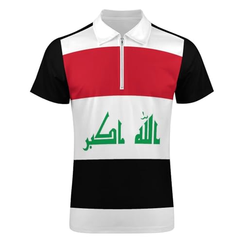 Polo homme grande taille noir à col zippé et motif drapeau irakien pour le sport casual