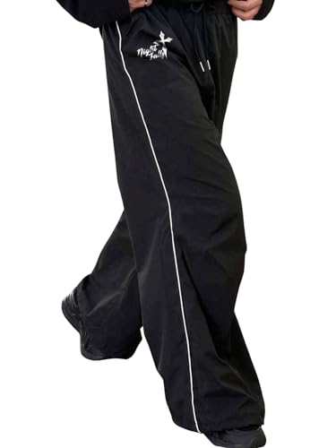 OYOANGLE Men's Loose Fit Baggy Pants Letter Graphic Drawstring Waisted Streetwear Wide Leg Pants3