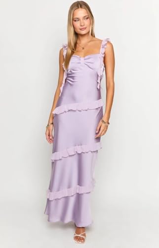 YOFF Spaghetti Straps Long Bridesmaid Dresses for Women Satin Ruffles Maxi Formal Party Dress YO2744