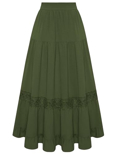 Belle Poque Bohemian Skirts for Women Tea Leagth High Waist Lace Eyelet Tiered Side Pockets Summer Army Green Skirt XL