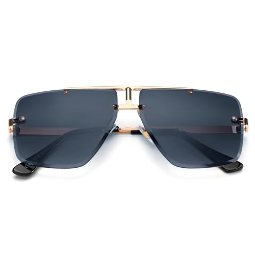 Image of Rimless Oversized Square Sunglasses for Men Trendy Fashion Big Shades Tinted Lens Gold Metal Frameless Glasses UV400