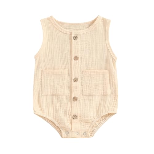 Image of FOCUSNORM Newborn Baby Boy Girl Clothes Solid Color Tank Romper Cute Sleeveless Button Down Jumpsuit Infant Summer Outfit (Solid Beige, 3-6 Months)