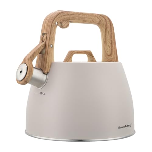 Bouilloire Klausberg en acier inoxydable avec sifflet en acier et poignée ergonomique, convient à tous les types de feux, moderne et pratique pour le café et le thé, 2,5 l (beige)